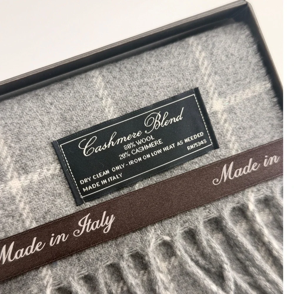 Linea Emmett Cashmere Wool Blend Scarf‎ Windowpane Grey Made in Italy 12x71 NIB
